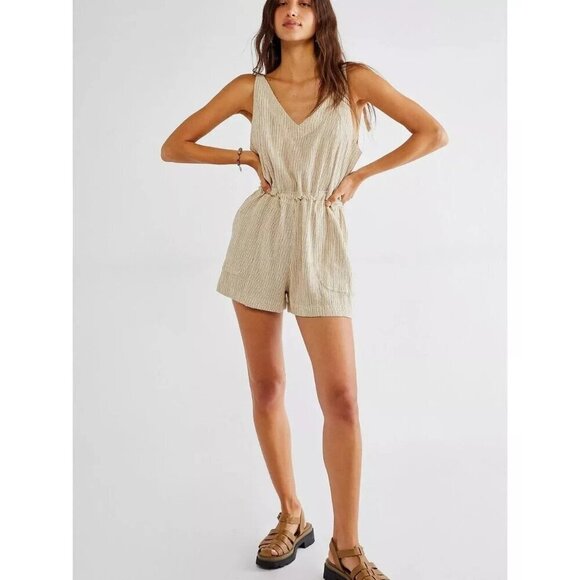 Free People Sorento Shortall Stripe Romper V-Neck Adjustable Straps Sand Ivory M - Picture 1 of 14